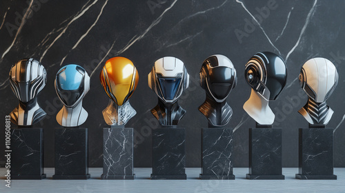 Conceptual cybernetic helmets arranged on a modern pedestal photo