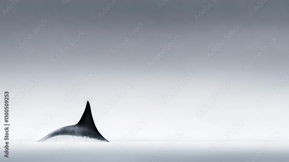 Fototapeta premium A monochrome image of a shark fin swimming in a body of water under a grey sky