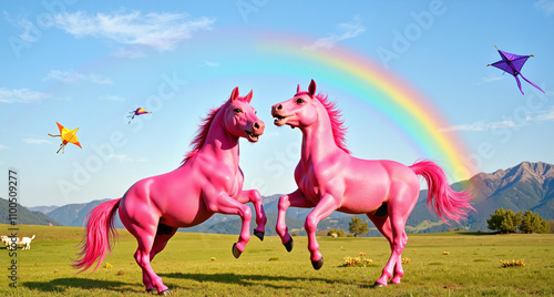 Two colorful pink horses playing joyfully under a rainbow in a vast field