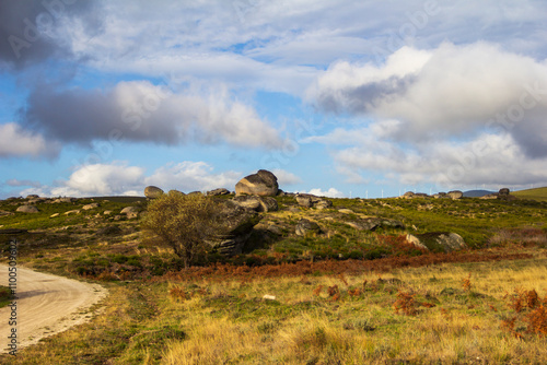 Paisagem outonal de montanha com um caminho em terra