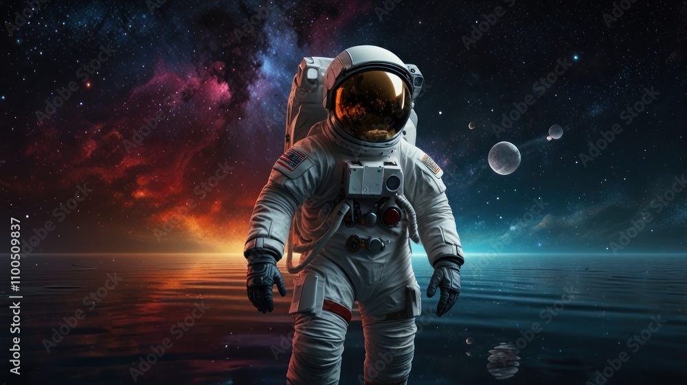 Obraz premium Astronaut on alien planet, reflecting nebula in water.