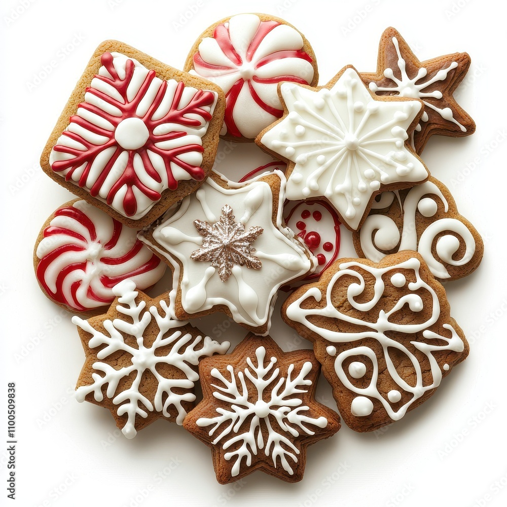 Assorted Festive Christmas Cookies with Intricate Frosting Designs on White Background Assorted Festive Christmas Cookies with Intricate Frosting Designs on White Background