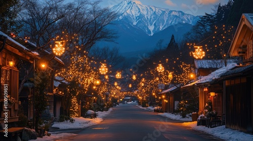 decorated traditional japanese village on Christmas eve between the beautiful road to Fuji mountain, Japan
