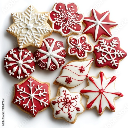 Festive Red and White Iced Cookies with Intricate Designs in Various Shapes