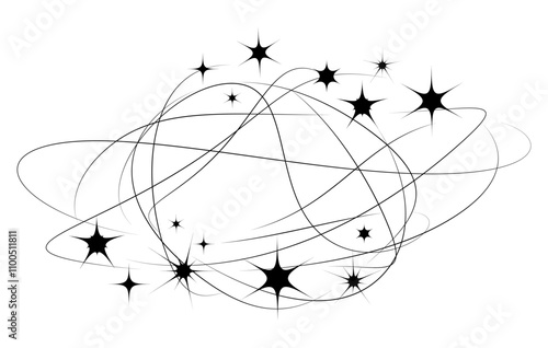 Abstract shape of Stars and Lines. Glitter and Sparkles with Contour. Sparkles. Cosmic connection of constellations. Gleam, glare. Shining volume. Formlessness. Monochrome color. Vector illustration