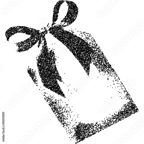 Sale holiday paper tag with bow ribbon in halftone stipple effect for grunge punk y2k collage design. Vintage photocopy style vector illustration. Grainy textured element in noisy gradation dotwork