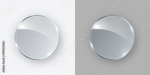 Glass, acrylic or plastic circle badge isolated on transparent and grey backgrounds. Reflection 3d button, glare mirror. Vector glossy round element design