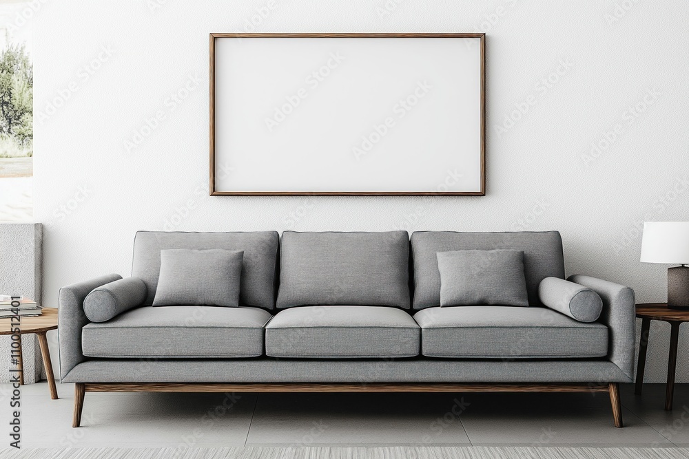 Empty living room with gray sofa near white wall, blank poster frame. Mid-century modern style interior design. Cozy, modern room. Empty space for poster. Trendy home decor. Simple, clean interior. Empty living room with gray sofa near white wall, blank poster frame. Mid-century modern style interior design. Cozy, modern room. Empty space for poster. Trendy home decor. Simple, clean interior.