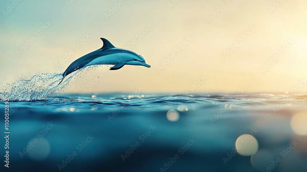 Fototapeta premium A dolphin leaping from the water against a light blue sky and a sun in the backdrop