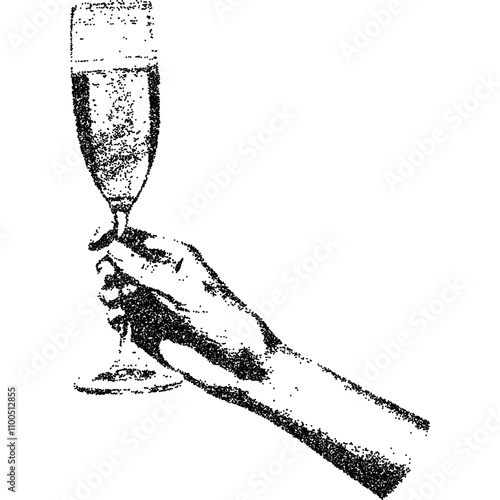 Canvas Print Hand holding champagne glass with vintage stippled photocopy texture