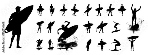 Collection of surfing silhouette vectors displaying dynamic surfing actions
