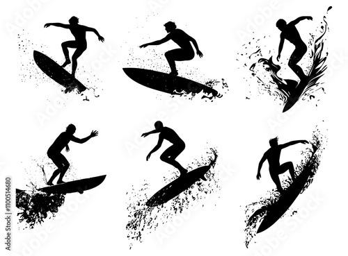 Surfing silhouette vector collection showing dynamic surfing poses