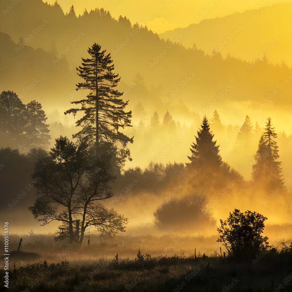 Fototapeta premium Breathtaking smoky yellow gradient background with silhouettes of trees at sunrise in a misty landscape