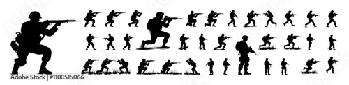 Silhouette vector set of soldiers in combat and tactical positions