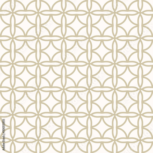 Vector geometric ornament texture. Antique seamless pattern with curved lines, crosses, circles, flower silhouettes, lattice. Gold and white abstract repeated geo background with medieval motifs