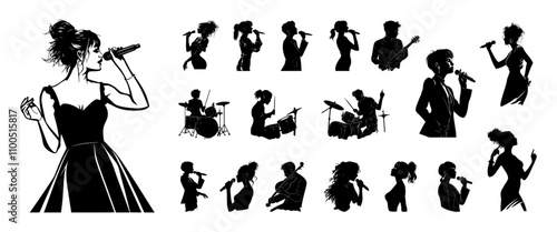 Silhouette vector set of musicians and singers in dynamic poses