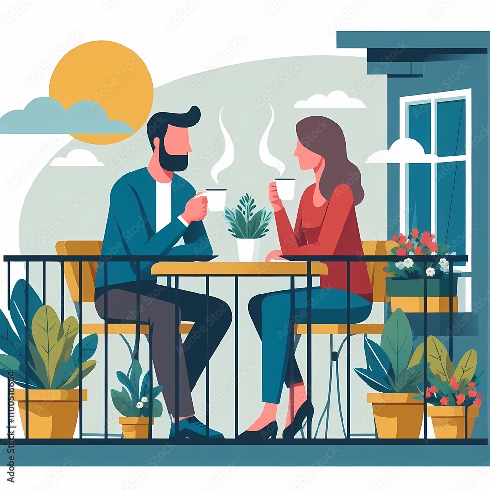 Minimalistic flat style illustration of a couple enjoying coffee on a balcony, with a clean white background. Perfect for lifestyle, relationship, and relaxation-themed designs. Minimalistic flat style illustration of a couple enjoying coffee on a balcony, with a clean white background. Perfect for lifestyle, relationship, and relaxation-themed designs.