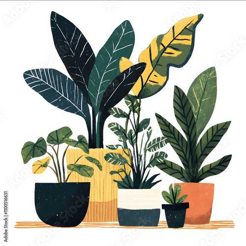 woodblock illustration of a few houseplants in cool pots boho aesthetic simple solid colors no shading white background photo