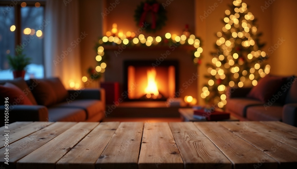 Fototapeta premium A warm living room decorated for Christmas with a glowing fireplace, festive lights, and a beautifully lit Christmas tree. Perfect setting for holiday celebrations and cozy evenings.
