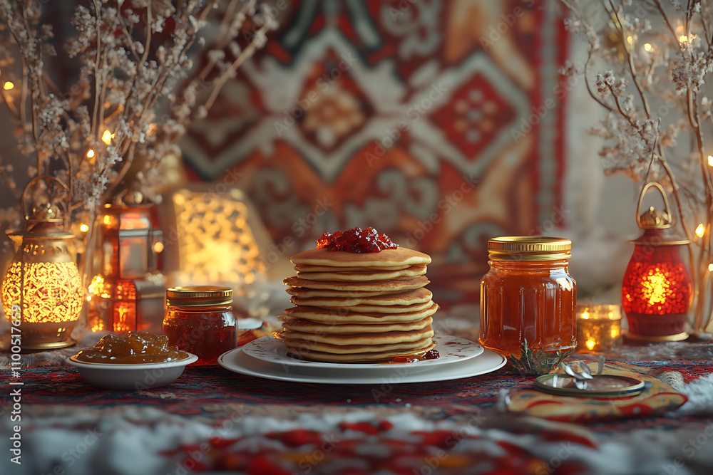 Stack of freshly made pancakes topped with fruit preserve and jars of sweet spreads on a festive table Stack of freshly made pancakes topped with fruit preserve and jars of sweet spreads on a festive table