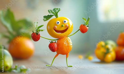 A whimsical character made of fruits and vegetables dancing, representing the joy of eating a micronutrientrich diet photo