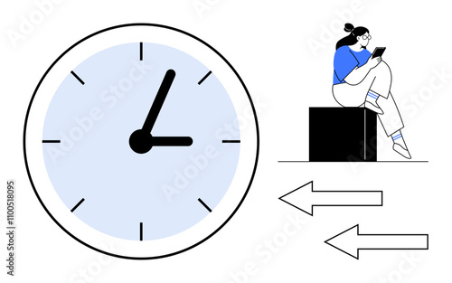 Large clock with blue face and black hands, person seated on a box with smartphone, two horizontal arrows. Ideal for time management, productivity, decision-making, planning, organization, workflow