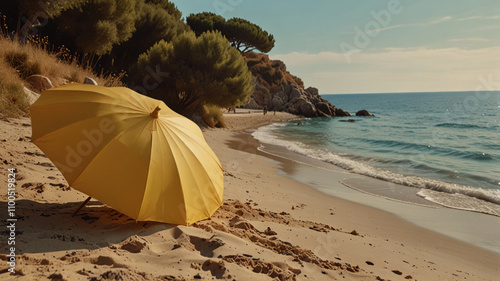 Retro style image of yellow parasol on the sandy beach	 photo