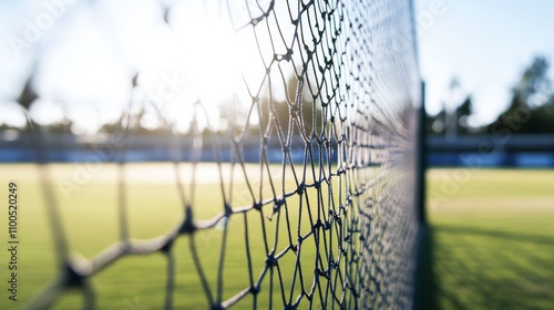 A cricket practice net with a focus on the netting and pitch area, outdoor setting with clear sky, Modern style