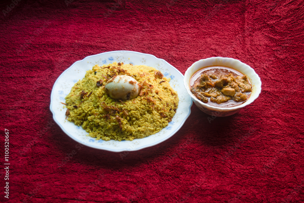 Egg khichuri rice with chicken curry served in plated isolated on red ...