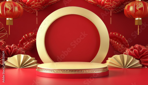 Lunar New Year, Chinese red background mock up podium stage, happy new year gold lunar luxury stand pedestal, modern maroo display background, ad, podium platform, product presentation space photo