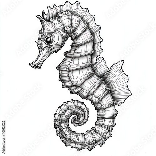 A detailed illustration of a seahorse, showcasing its unique features and spiral tail. photo