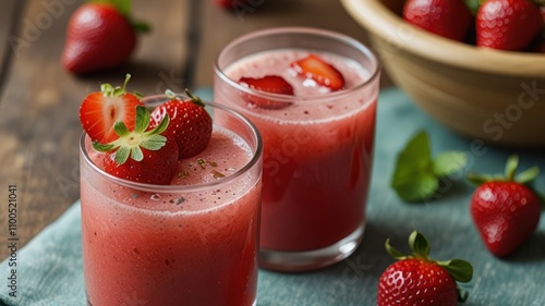 Two glasses of fresh strawberry smoothie with fresh strawberries and mint. photo