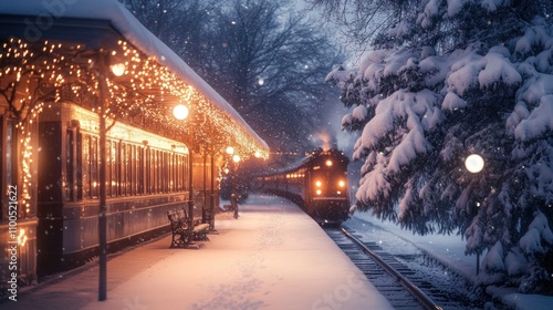 A cozy train station blanketed in snow, adorned with lights, as a train approaches.