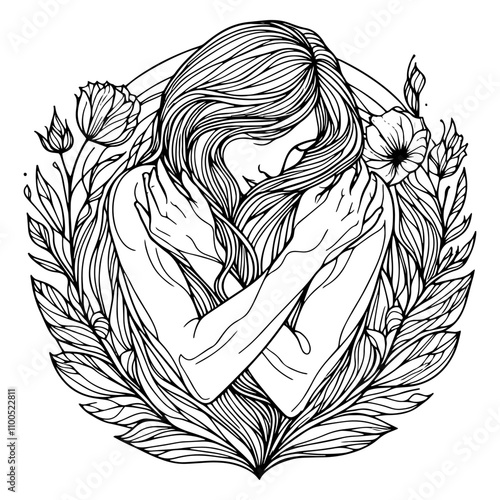 Woman embracing herself surrounded by floral elements in black and white. Vector, generative ai.
