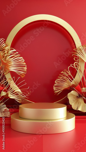 Lunar New Year, Chinese red background mock up podium stage, happy new year gold lunar luxury stand pedestal, modern maroo display background, ad, podium platform, product presentation space photo