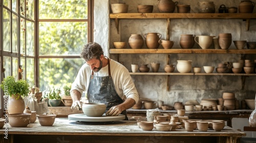 A skilled artisan is focused on molding clay on a pottery wheel in a brightly lit workshop. photo