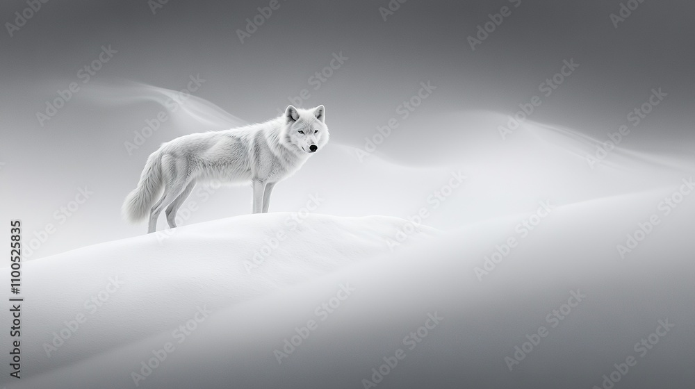 Fototapeta premium White wolf on snow-covered hill, black & white photo, foggy sky