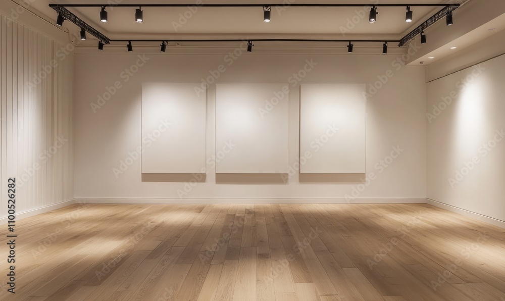 Fototapeta premium Clean white wall in a modern room, with track lighting and wooden floors, ready for artwork or design elements. The space is minimalist and open