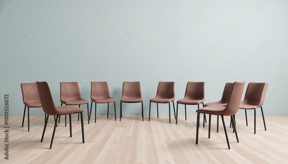 Fototapeta premium Minimalist group therapy setup with a circle of brown chairs on light wooden flooring, pastel blue wall background, ideal for discussions or support sessions