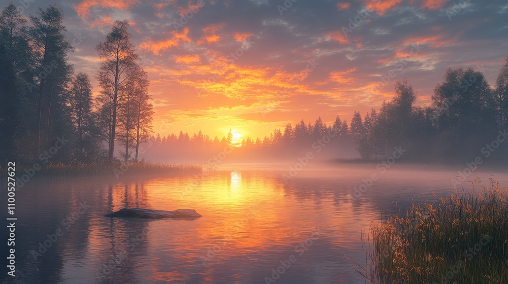 Serene Sunset Over Misty Lake and Forest Serene Sunset Over Misty Lake and Forest