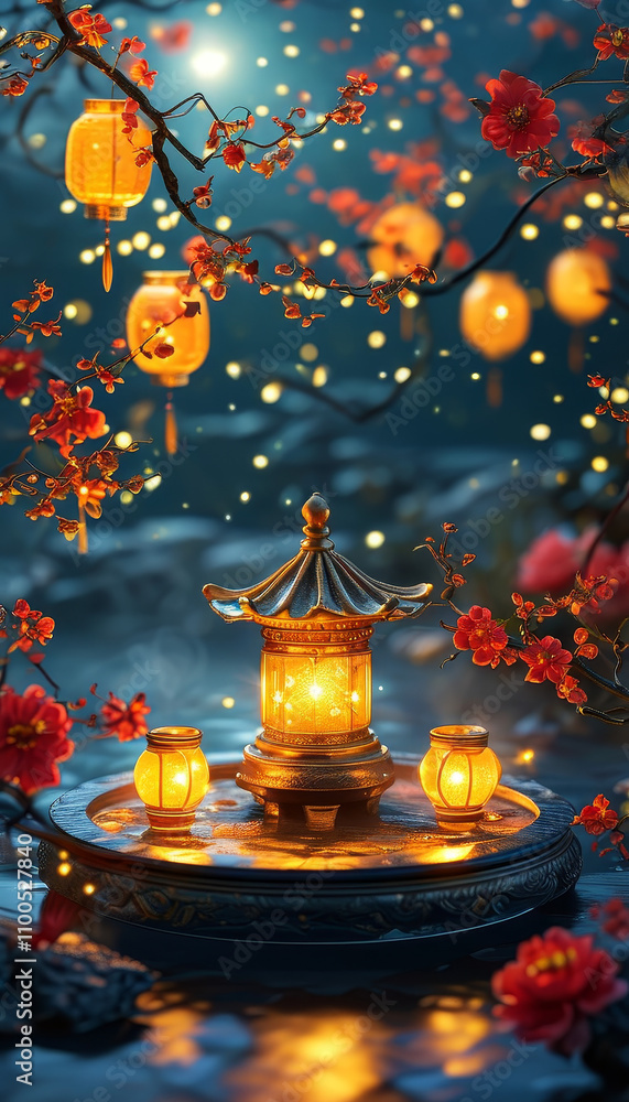 Obraz premium Lunar New Year Golden Lantern Podium, round podium surrounded by golden Lunar New Year lanterns, midnight garden, cherry blossom, red peonies, moonlight, ad, podium platform, product presentation
