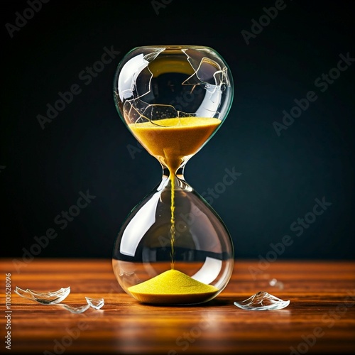 A broken hourglass on a wooden surface. Sand would escape if it were turned over, symbolizing that time does not return. Glass fragments around photo