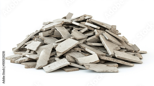Construction waste in the form of a pile of concrete fragments on white background