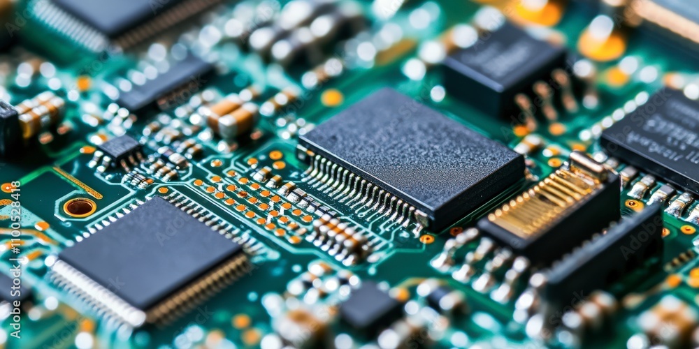 Fototapeta premium Close-Up of Circuit Board Microchips Tech Detail