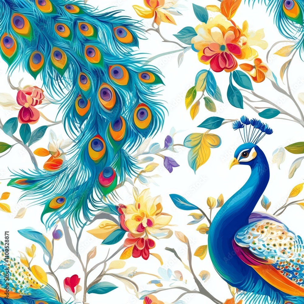 Fototapeta premium Peacock and Floral Pattern Design