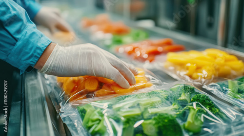 Worker handling frozen vegetables in food packaging process for fresh produce preservation