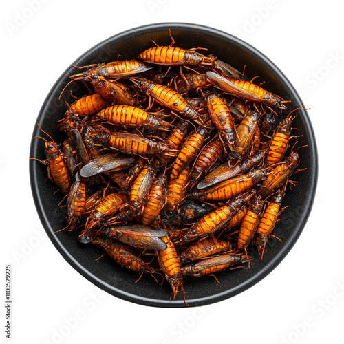 Crispy Roasted Crickets in a Black Bowl, Sustainable Protein-Rich Edible Insects for Snacks