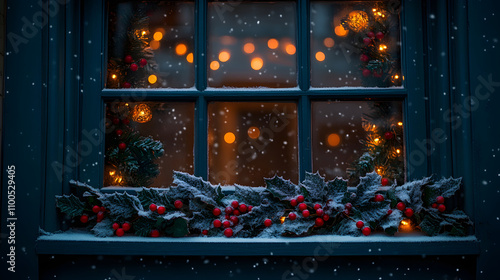 Snow falls on a charming window adorned with a snowy holly and berry garland. Warm lights glow from within, creating a cozy Christmas scene. photo