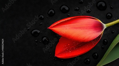   Red tulip on black background with water droplets photo