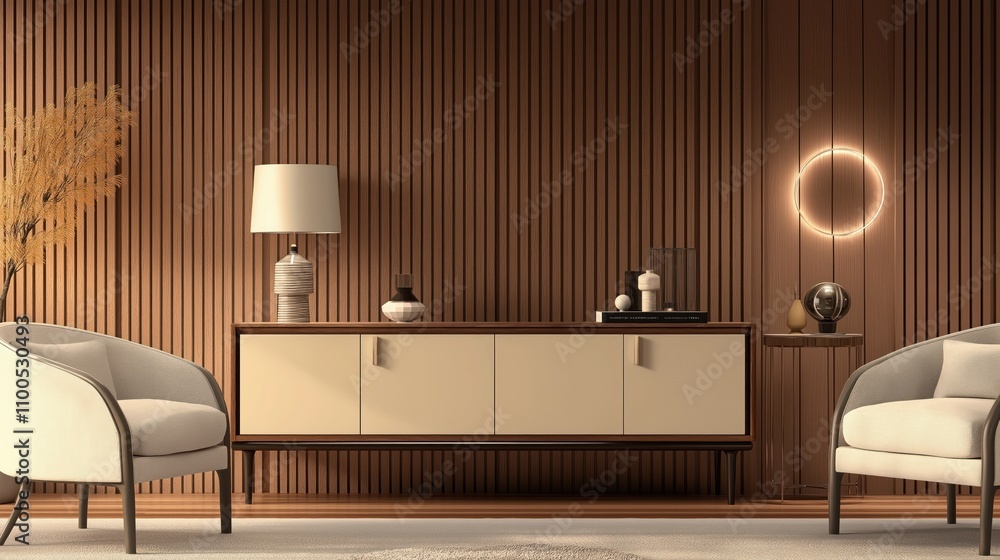 Modern living room interior. Beige sideboard over wooden paneling wall. Contemporary armchairs, console table. Home design. Empty room. Warm light. Relaxing ambiance. Stylish decor. Neutral color Modern living room interior. Beige sideboard over wooden paneling wall. Contemporary armchairs, console table. Home design. Empty room. Warm light. Relaxing ambiance. Stylish decor. Neutral color